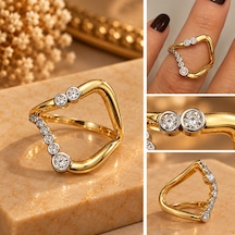 Asimetrik Kesin Zirkon Taşlı Yüzük Paslanmaz Çelik Gold