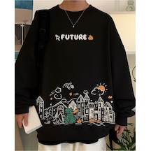 Benroma 3 İplik Penye Future Baskılı Unisex Sweatshırt SIYAH