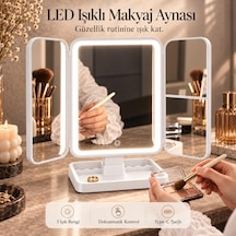 Led Işıklı Makyaj Aynası 3 Renk Dokunmatik 2x Büyüteçli Type-c Şarjlı Katlanabilir Üç Kanatlı Masaüstü Bak Genel