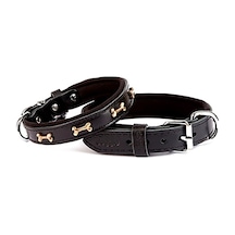 El Yapımı Kemik Süslü Deri Köpek Boyun Tasması 2.5x37-45 CM -Black