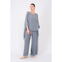 Bohem Stil İtalyan Yarasa Kol İpek Bluz & Pantolon Takım-8767 Koyu Gri