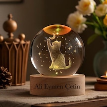 Kişiye Büyük Boy Işıklı Ahşap Kaideli Aya Uzanan Kedi Temalı Cam Küre 8cm