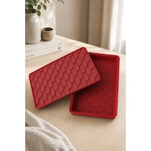 Desenli Kapaklı Dekoratif Kutu Masa Üstü Organizer Takı Aksesuar Saklama Kutusu Pla 20x12.5 Cm Kırmızı