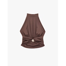 Koton Metal Aksesuarlı Slim Fit Kolsuz Halter Yaka Bluz Kahverengi 6sal30092ık Kahve