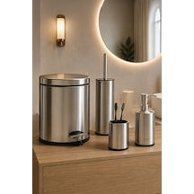 Porsima Metal Krom Kaplama 4 Parça Banyo Seti - Çöp Kovası, Sıvı Sabunluk, Diş Fırçalığı Ve Wc Fırçası Gri - Krom