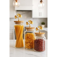 3'lü Bambu Kapaklı Metal Ginkgo Figürlü Şeffaf Cam Kavanoz Şeffaf Cam Saklama Kabı 635/890/1400ml Çok Renkli