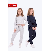 Fyk Kids 2'li Yuvarlak Yakalı Beli Lastikli Crop Kesim 4 Parça Kız Çocuk Alt Üst Eşofman Takımı Gri - Lacivert