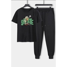 Uyguntarz Unisex All Day Rabbit Baskılı 2'li Eşofman Takımı Siyah