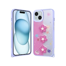Zore İphone 14 Plus Kılıf Parlayan Sıvılı Simli Kabartma Figürlü Nvth Cevze Kapak-mor Pansm-ya
