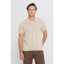 AC&Co / Altınyıldız Classics Erkek Bej Pamuklu Keten Standart Fit Normal Kesim Polo Yaka Triko Tişört Bej