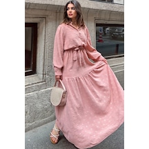 WeShaya Kadın Pudra Dokulu Kumaş, Beli Kuşaklı, Balon Kol, A Kesim, Vintage Maksi Elbise - Tesettüre Uygun Pudra