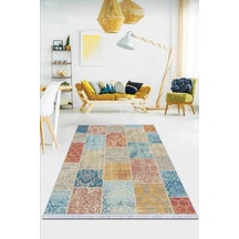 Çok Renkli Patchwork Dokuma Pamuk Taban Kaymaz Kilim Klm055n11 Mavi - Sarı