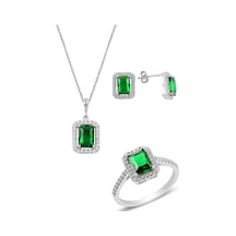 Gümüş Rodyumlu Kök Zümrüt Baget Taşlı Üçlü Set