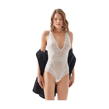 Cottonhill Krem Çıtçıtlı Dantelli Transparan Sırt Çapraz İpli Bodysuit Krem