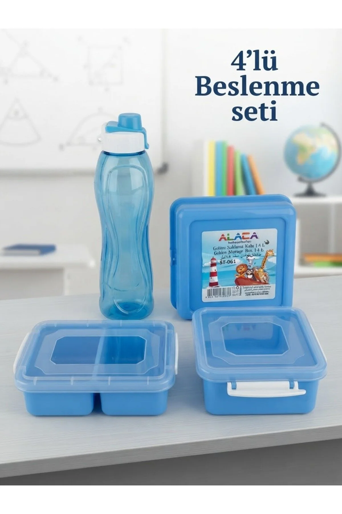 Alaca 4lü Okul Beslenme Seti 1,4 Lt + 750ml Su Matarası Okul Beslenme Seti 4lü Mavi