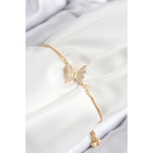 Pirinç Zirkon Taşlı Kelebek Model Gold Renk Asansörlü Kadın Bileklik Çok Renkli