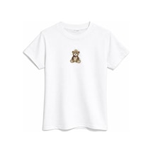 Mixray 2078 Kadın %100 Pamuk Ayıcık Nakışlı Bisiklet Yaka T-shirt Beyaz