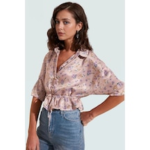 Ersefa Çiçek Desenli Saten Bluz Kadın Crop Düğmeli 100% Polyester Daya Pudra