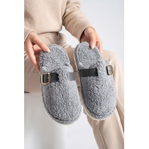 Stwenn Peluş Ev Terliği Kadın Altın Tokalı Teddy Yumuşak Ses Yapmaz Hafif Taban Kışlık Terlik Gri