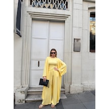 Bonacosa Kadın Viskon 3 Lü Takım Kimono + Beli Lastikli Salaş Pantolon + Kısa Kol Tshirt 8 Renk Sarı