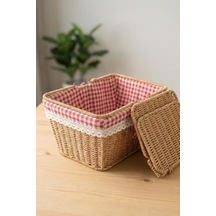 Kapaklı Rattan Vintage Dantelli Dikdörtgen Piknik Sepeti -9t14 U/6 000 Açık Krem