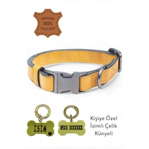 Hakiki Deri Köpek Boyun Tasması, Kişiye Özel Künyeli Lux Seri Sr Sarı