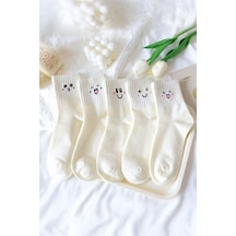 Hitit Socks Kadın 5 Çift Premium Desenli Emojili Ve Gülen Suratlı Uzun Konç Soket Çorap beyaz