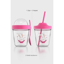 Renga Mila Love You Tavşan Desenli Tritan Çocuk Seti Pipetli Kapak Ve Müsli Kapak 712009 Pembe