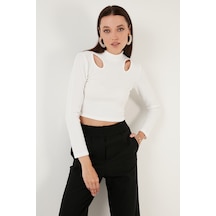 Lela Esnek Slim Fit Cut Out Pencereli Dik Yaka Crop Bayan Bluz 5865348 Beyaz