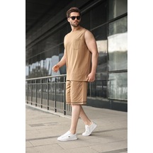 Madmext Kapuçino Bisiklet Yaka Kolsuz Erkek Şort T-shirt Takım E7351 Kapuçino
