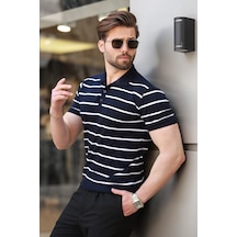 Madmext Lacivert Çizgili Polo Yaka Erkek T-shirt E7405 Lacivert