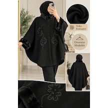 Genel Markalar Novea Scarf İşlemeli Kürklü Triko Panço Siyah - 936043086 Siyah