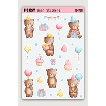 Sevimli Ayıcık Teddy Bear Doğum Günü Temalı Sticker Seti - 18 Adet Etiket Çıkartma Diğer