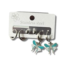 Mavi Kelebekli Sallantılı Üçlü Çelik Küpe Gri