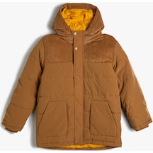Koton Oversize Şişme Mont Kapüşonlu Astarlı Cepli Fermuarlı Kadife Kumaş Detaylı Kahverengi 4wkb00006tw 4WKB00006TW532 Kahverengi
