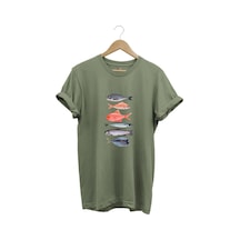 Fishing Balıkçılık Baskılı Renkli Çeşitli Balık Tasarım %100 Pamuk Regular Fit Bisiklet Yaka T-shirt Haki