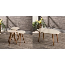 Zigon Sehpa Ve Orta Sehpa Set Ahşap Torna Elips Krem