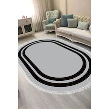 Dijital Baskılı Oval Salon Halısı Kaymaz Yıkanabilir Keçe Taban Saçaklı Geometrik 1696 Gri - Siyah