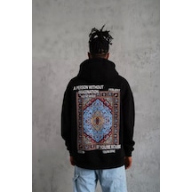 Erkek Kilim Desen Kapüşonlu - Siyah Siyah