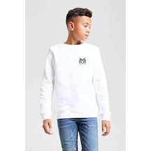 Tshirthane Kedi Yavru Kedi Sevimli Kedi Göğüs Baskılı Unisex Çocuk Beyaz Sw Beyaz