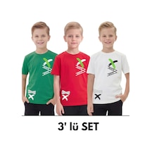 Panios Kids 3'lü White Yazı Baskılı Yuvarlak Yaka Kısa Kollu Erkek Çocuk Yazlık Tişört Yeşil - Kırmızı