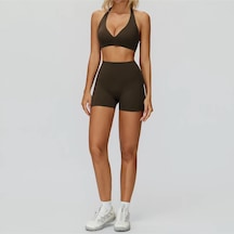 Yüksek Bel Toparlayıcı Twist Detay Spor Şort & Destekli Spor Sütyen Takım Kahverengi