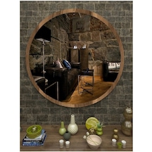 Koyu Ceviz Dekoratif Yuvarlak Antre Hol Koridor Duvar Salon Mutfak Banyo Wc Ofis Aynası 50 Cm