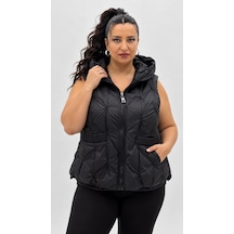 Büyük Beden Kapüşonlu Kapitone Oversize Kadın Kısa Yelek Ekru