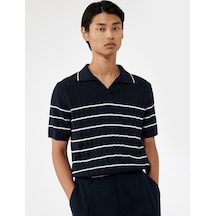 Koton Regular Fit Polo Yaka Dokulu Viskon Kısa Kollu Triko Tişört Lacivert Çizgili 6wam70023ht Lacivert Çizgili
