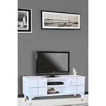 Lena Tv Sehpası Beyaz 2 Kapaklı Gold Halkalı Kulplu Yerden Yüksek 130x36x50 Cm