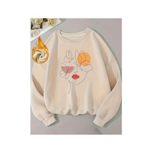Herkesemoda Baskılı Bisiklet Yaka İçi Polarlı Sweatshirt Bej