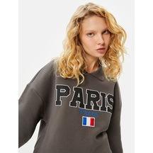 Koton Gömlek Yaka Sweatshirt Paris Baskılı İşlemeli Uzun Kollu Pamuklu Gri 4wal10659ık