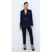 Dorne Moda Kadın Gold Düğmeli Şık Blazer Ceket Pantolon İkili Takım - Düğün - Ofis Şıklığı - Özel Gün Takım Elbise Lacivert