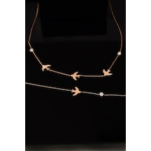 Papatya Silver 925 Ayar Gümüş Rose Kaplama Taşlı Kırlangıç Kolye Bileklik Set